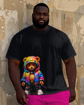 Big Men's Street Fashion Hip Hop Colorful Hoodie Bear Printed Short Sleeve T-shirt Shorts Set